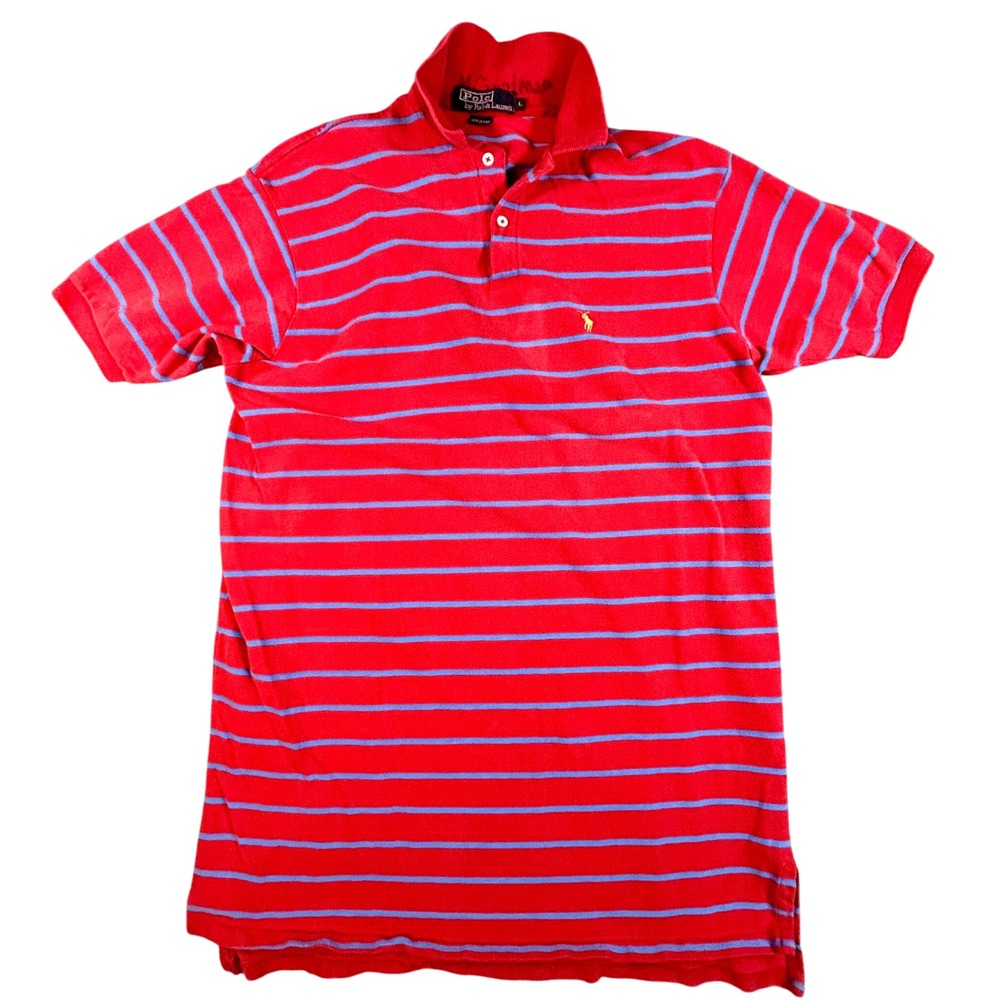 Polo Ralph Lauren Striped Polo‎ Shirt Mens Large Red Blue Cotton Casual Vintage